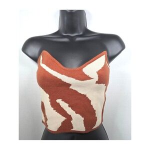 SELF Animal Print Knit Strapless Tube Top Crop Fine Gauge Sweater M Rust/Ivory